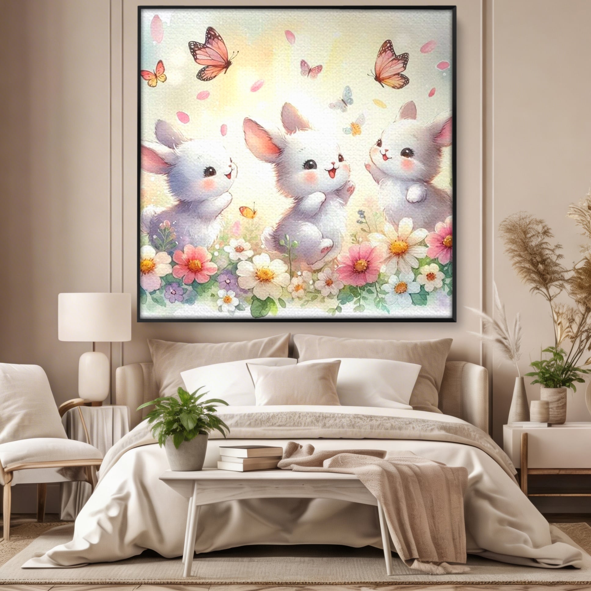 Tablou canvas cu ilustratie cu trei iepurasi si fluturi, in rama de aluminiu negru, pe perete intr-un dormitor